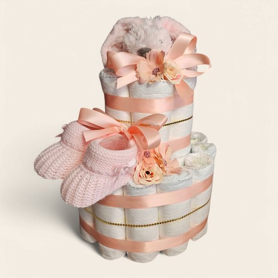 Luiertaart 2-Laags roze met Happy Horse Richie Knuffeldoekje roze - Perfect als Kraamcadeau! van Happy Horse