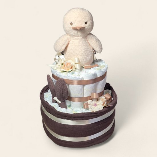 Luiertaart 2 lagen met Jollein Spring Garden Duck en wiegdeken chestnut van Luiertaart