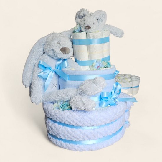 Luiertaart 3 laags blauwe met Rabbit Richie – Perfect Kraamcadeau van Merkloos