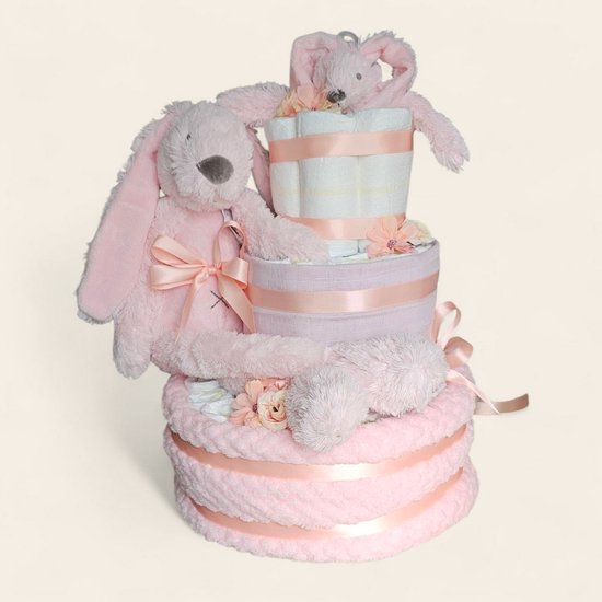 Luiertaart 3 laags roze met Rabbit Richie – Perfect Kraamcadeau van BamBam