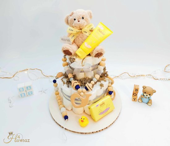 Luiertaart 37 stuks - kraamcadeau - Hawsaz.nl Cadeau - 30 luiers newborn - Babycadeau - Babygeschenkset - Knuffel - Speenkoord - Rammelaar - Babyshower - Gepersonaliseerde - Wagenspanner kinderwagen - Speelgoed hout - Zwitsal Verzorging van Luiertaart