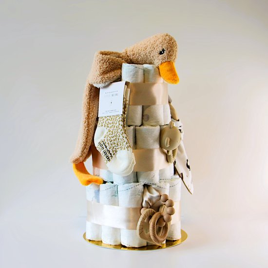 Luiertaart - Beige - eend knuffeldoek - gender neutraal - geboorte - kraamcadeau - babyshower - baby - jongen - meisje - boy - girl - Pampers van Merkloos