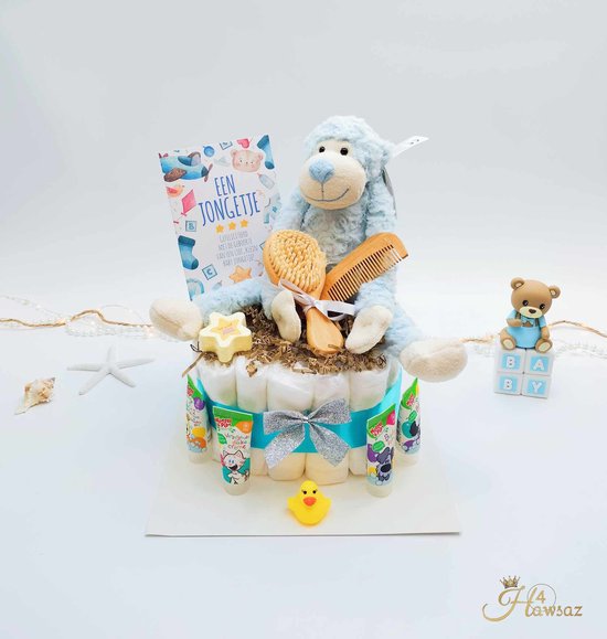 Luiertaart Blauw 36 stuks - kraamcadeau - Hawsaz.nl Cadeau -Originele Babycadeau's - 26 luiers - Babycadeau - Geboortekaartje - Babygeschenkset - Knuffel - Babyshower - Gepersonaliseerde cadeaus - Babyverzorging van Luiertaart