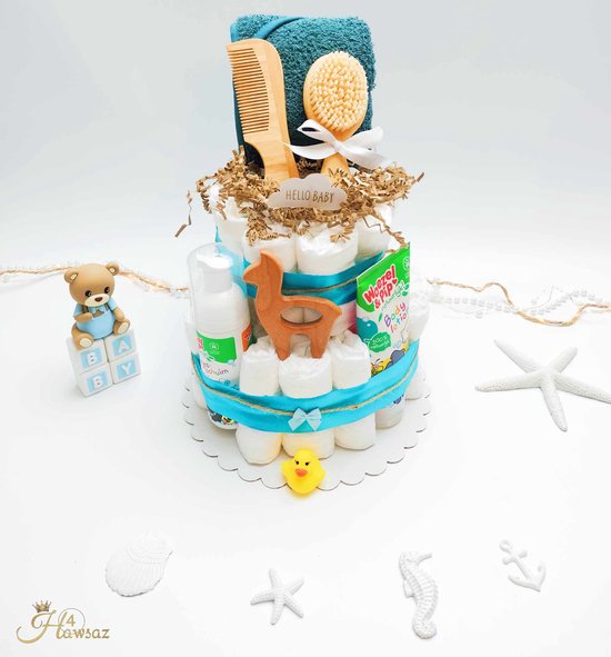 Luiertaart Blauw 43 stuks - kraamcadeau - Hawsaz.nl Cadeau -Originele Babycadeau's - 35 luiers new born 2 Laags - Babycadeau - Geboortekaartje - Babygeschenkset - Badcape - Babyshower - Gepersonaliseerde cadeaus - Babyverzorging - Baby speelgoed van Luiertaart