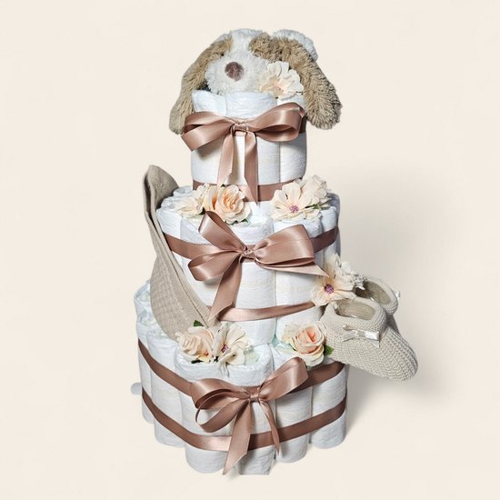 Luiertaart Bruin 3-laags – Groot Kraamcadeau met Dog David van Happy Horse van Luiertaart