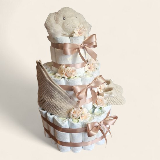 Luiertaart Bruin 3-laags – Groot Kraamcadeau met Honden Knuffel van Merkloos