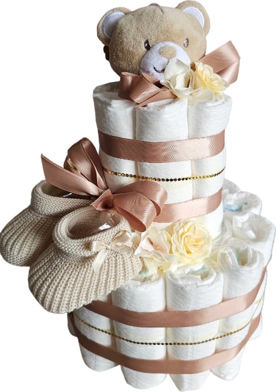 Luiertaart - bruine beer - bruine slofjes - pamper - 2 laags van BoBo32