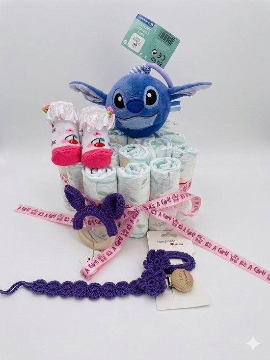 Luiertaart - Clementoni Disney baby soft squeezy rattles/ Stitch - Handgemaakte haarclip - Handgemaakte speenkoord - Handgemaakte bijtring - Kraamcadeau - Babyshower - Maminobaby.nl
