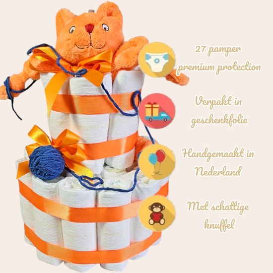 Luiertaart Dikkie Dik – 2 Laags met Knuffeldoekje en 27 Pampers - superschattig kraamcadeau van Merkloos
