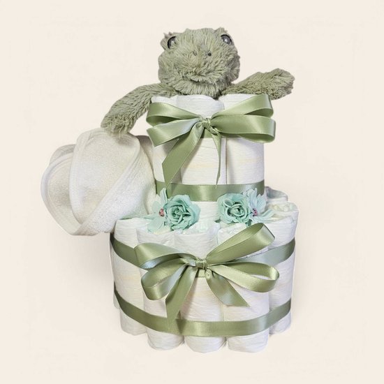 Luiertaart Groen met Happy Horse Kikker – 27 Pampers & Slabber – Babyshower of Kraamcadeau Jongen van Pippeloentje