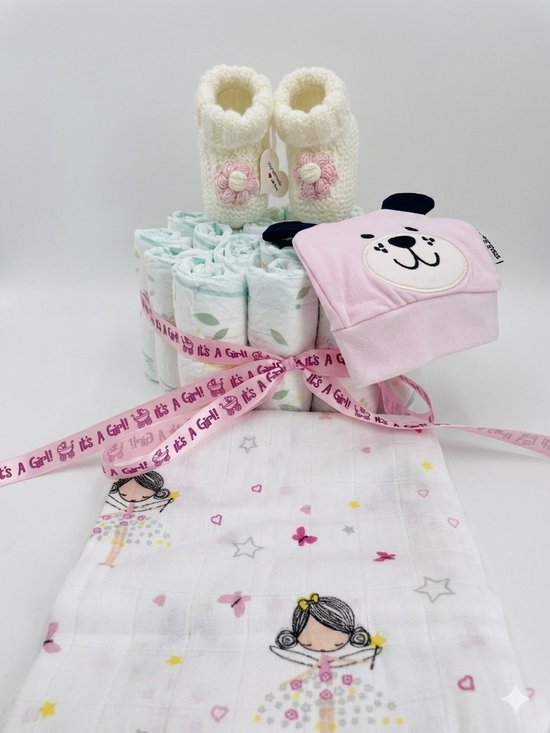 Luiertaart | Handgemaakte Babyslofjes | Muts | Katoenen hydrofiele doek | Pampers luiers | Kraamcadeau | Babyshower | Maminobaby.nl van Merkloos