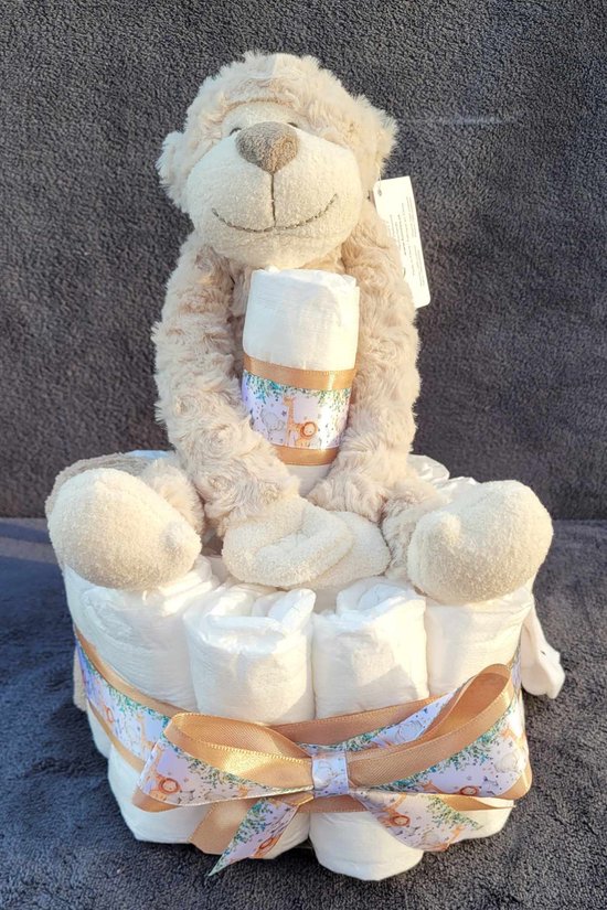 Luiertaart Hello world - zand - strik - funnies - kruidvat - sokjes - kraamgeschenk van Funnies.