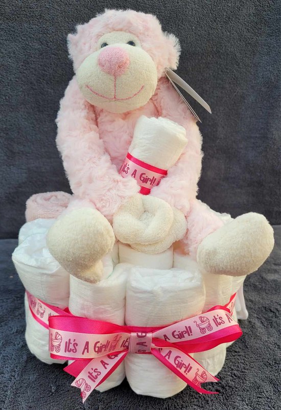 Luiertaart Its a girl - roze -strik - funnies - kruidvat - sokjes - kraamgeschenk van Merkloos