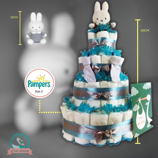 Luiertaart jongen 4-laags met Nijntje en 87 A-merk pampers - kraamcadeau - babyshower- pampertaart van Luiertaart