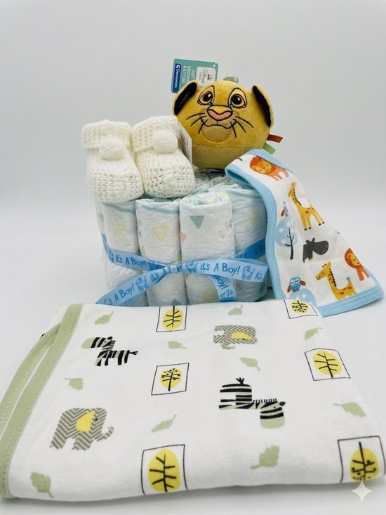 Luiertaart jongens | Clementoni soft squeezy rattles | Katoenen deken | Slabbetje | Babyslofjes | Pampers luiers | Kraamcadeau | Babyshower | Maminobaby.nl