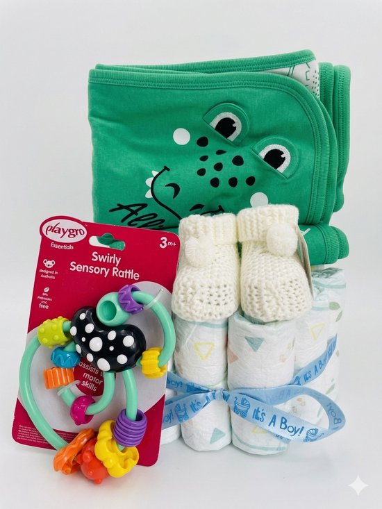 Luiertaart | Katoenen deken | Babyslofjes | Playgro Swirly Sensory Rattle | Pampers luiers | Kraamcadeau | Babyshower | Maminobaby.nl van Merkloos