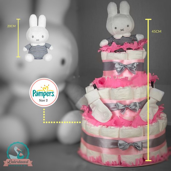 Luiertaart meisje 3-laags met Nijntje, 45 A-merk pampers en XL kaart - kraamcadeau - babyshower- pampertaart van Merkloos