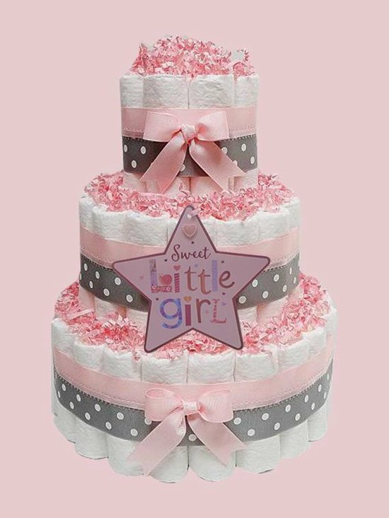 Luiertaart Meisje – 3-Laags – Roze & Grijs – Inclusief Strikdecoratie – Perfect Kraamcadeau / Babyshower Gift van Merkloos