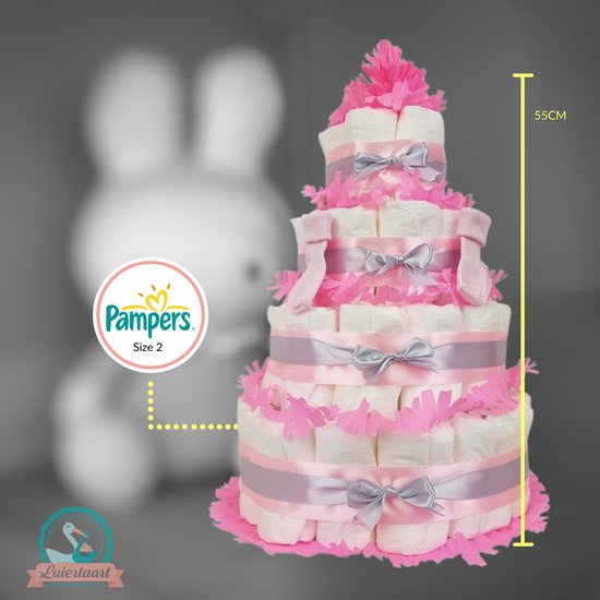 Luiertaart meisje 4-laags met 87 A-merk pampers en XL kaart - kraamcadeau - babyshower- pampertaart van Luiertaart