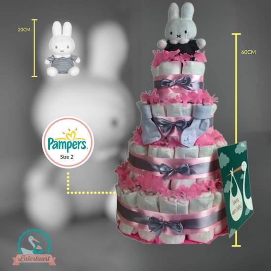 Luiertaart meisje 4-laags met Nijntje en 87 A-merk pampers - kraamcadeau - babyshower- pampertaart van Merkloos