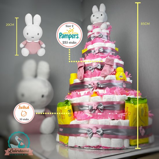 Luiertaart Meisje XXL - 235 Pampers - Nijntje & Zwitsal pakket - Kraamcadeau - Pampertaart van Luiertaart