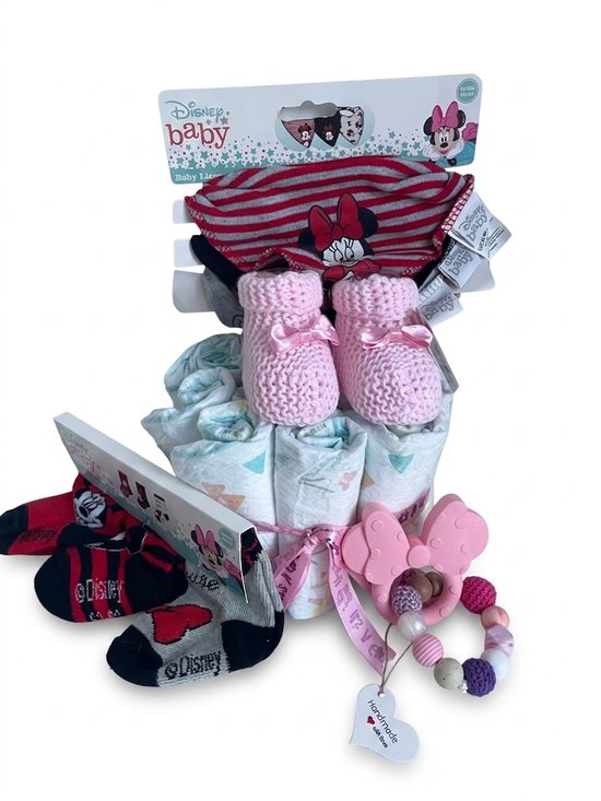 Luiertaart | Meisjes | Minnie mouse | Handgemaakte bijtring | Slabbetjes | Babyslofjes | Sokjes | Pampers luiers | Kraamcadeau | Babyshower | Maminobaby.nl