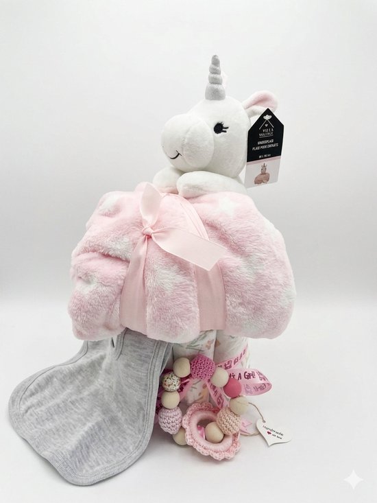 Luiertaart | Meisjes | Unicorn | Handgemaakte bijtring | Knuffel met deken | Slabbetje | Pampers luiers | Kraamcadeau | Babyshower | Maminobaby.nl |