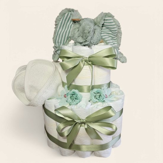 Luiertaart met Happy Horse Olifant – 27 Pampers & Slabber – Origineel Kraamcadeau van Luiertaart