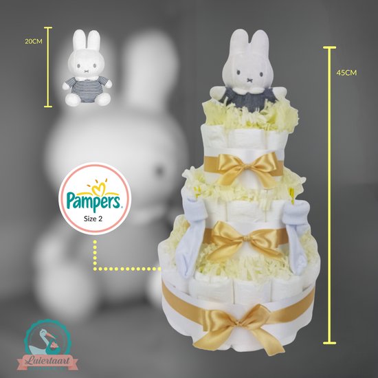 Luiertaart neutraal 3-laags met Nijntje, 45 A-merk pampers en XL kaart - kraamcadeau - babyshower- pampertaart van Luiertaart