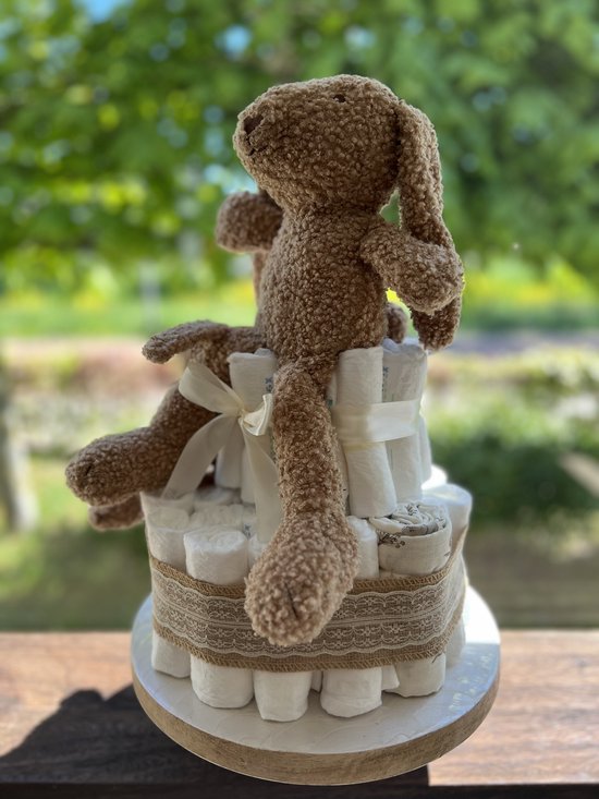 Luiertaart Neutraal Kraamcadeau baby - pampertaart met Jollein Riverside Knuffel, Wagenhanger & Hydrofiele Doek van Merkloos