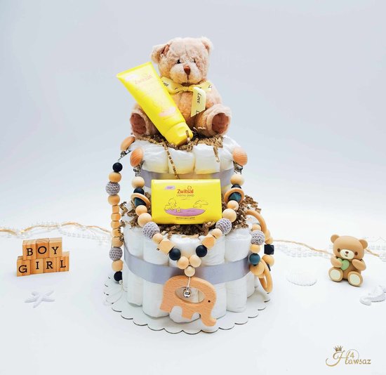 Luiertaart Olifant grijs 36 stuks - kraamcadeau - Hawsaz.nl Cadeau - 30 luiers newborn - Babycadeau - Babygeschenkset - Knuffel - Speenkoord - Rammelaar - Babyshower - Gepersonaliseerde - Wagenspanner kinderwagen - Speelgoed hout - Zwitsal Verzorging van Luiertaart