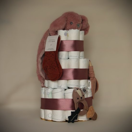 Luiertaart - Oud roze - konijn knuffeldoek - geboorte - meisje - kraamcadeau - babyshower - baby van Merkloos