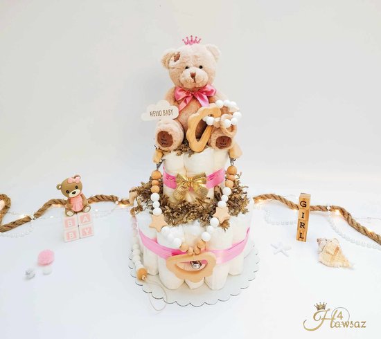 Luiertaart Roze 34 stuks - kraamcadeau - Hawsaz.nl Cadeau - 30 luiers new born 2 Laags - Babycadeau - Babygeschenkset -Baby Knuffel - Speenkoord - Rammelaar - Babyshower - Gepersonaliseerde - Wagenspanner kinderwagen - Baby speelgoed hout van Hawsaz.nl