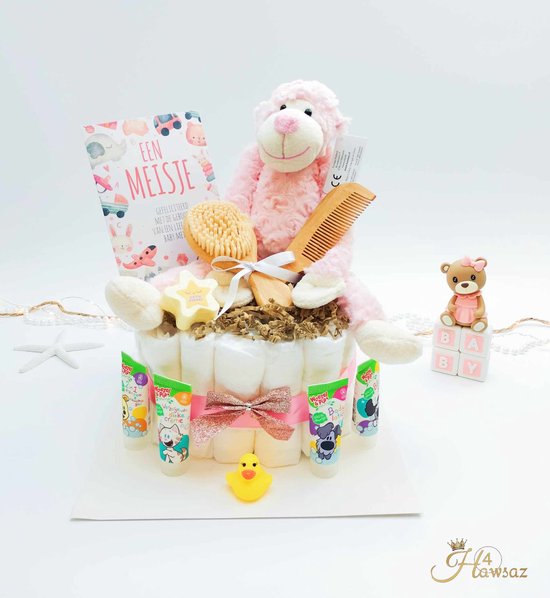 Luiertaart Roze 36 stuks - kraamcadeau voor meisje - Hawsaz.nl Cadeau -Originele Babycadeau's - 26 luiers - Babycadeau - Geboortekaartje - Babygeschenkset - Knuffel - Babyshower - Gepersonaliseerde cadeaus - Babyverzorging - tweeling cadeau van Luiertaart