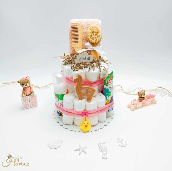 Luiertaart Roze 43 stuks - kraamcadeau - Hawsaz.nl Cadeau -Originele Babycadeau's - 35 luiers new born 2 Laags - Babycadeau - Geboortekaartje - Babygeschenkset - Badcape - Babyshower - Gepersonaliseerde cadeaus - Babyverzorging - Baby speelgoed van Luiertaart
