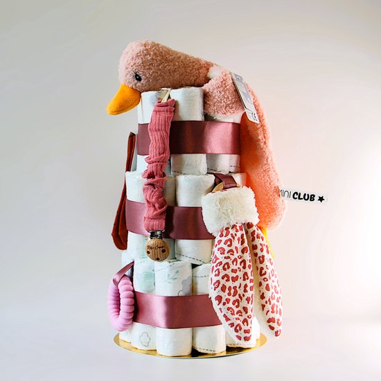 Luiertaart - Roze - fluffy oren - eend knuffeldoek - meisje - baby - geboorte - kraamcadeau - babyshower - girl – Pampers van Merkloos