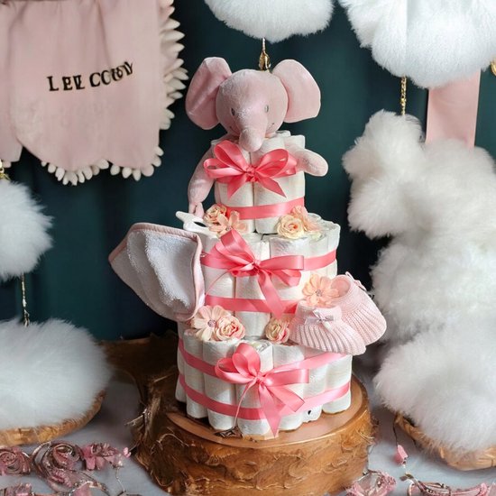 Luiertaart roze met olifant - kraam cadeau voor meisje - babyshower cadeau van Merkloos