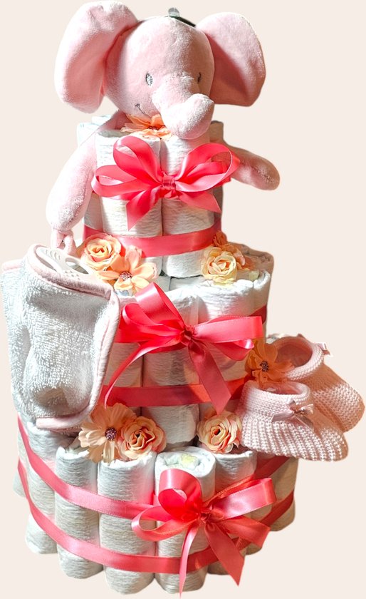 Luiertaart roze met olifant - kraam cadeau voor meisje - babyshower cadeau
