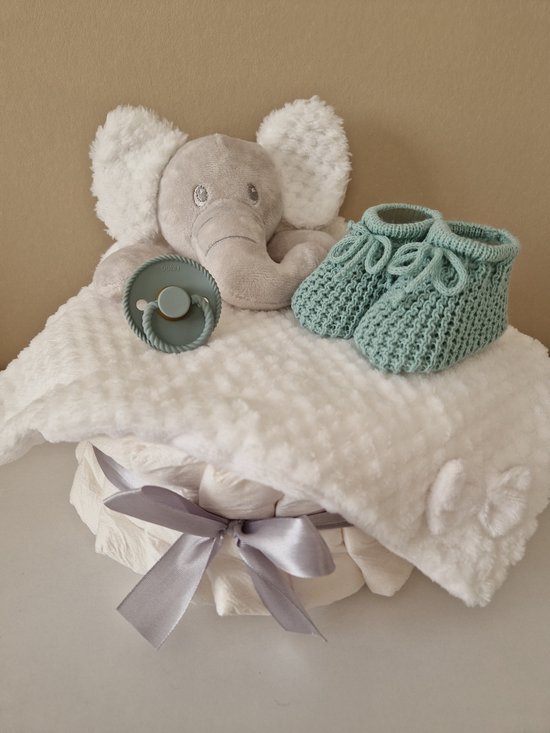 Luiertaart small olifant neutraal - babyshower - kraamcadeau van Luiertaart