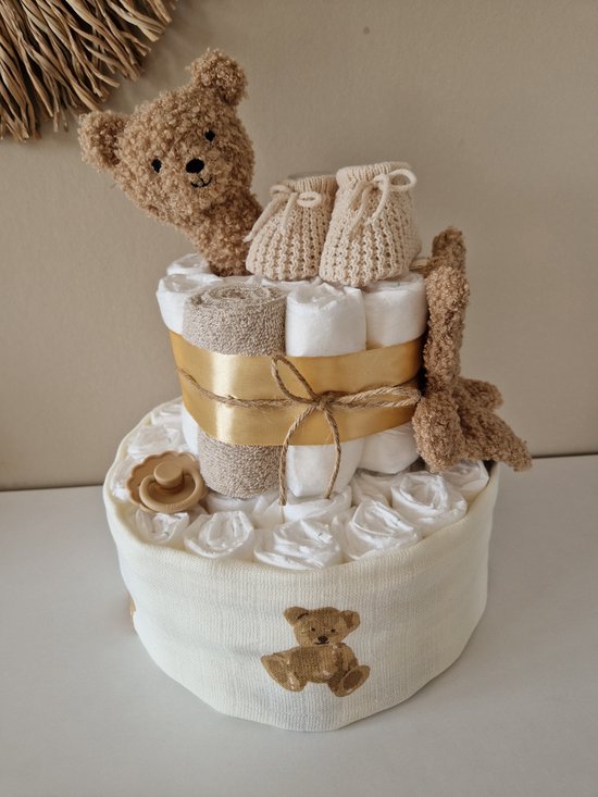 Luiertaart Teddy Bear Jollein Biscuit, neutraal - babyshower - kraamcadeau van Luiertaart