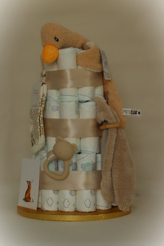Luiertaart - unisex beige - Pampers luiers - kraamcadeau baby - babyshower cadeau - knuffeldoek eend - rammelaar - bijtring - sokjes