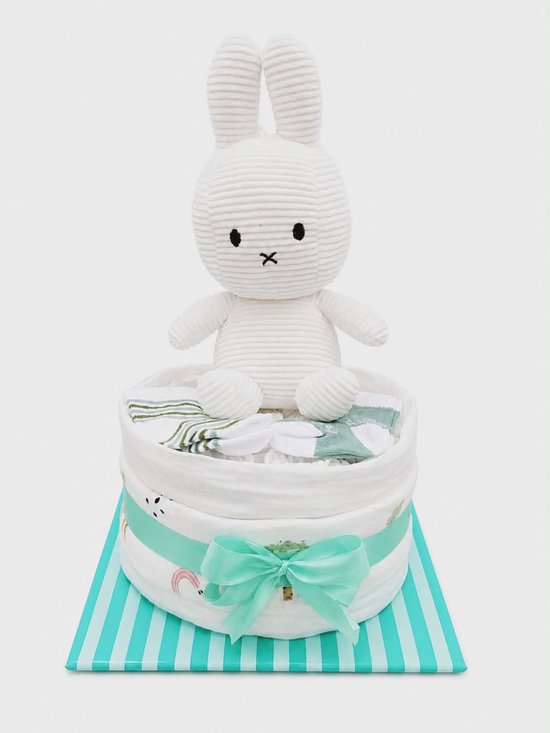 Luiertaart witte knuffel , geschenk, kraam cadeau , vrolijk