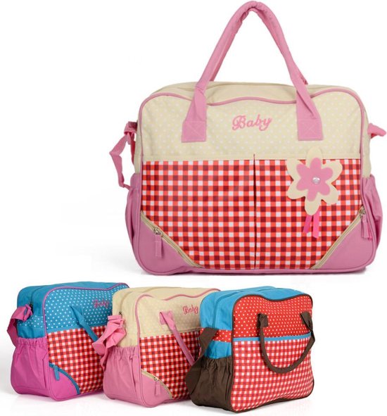 Luiertas - Baby Verzorgingstas Incl. Verschoningsmatje - Flessenhouder - Schoudertas hengsels - Roze - Creme - Rood van AdoBaby