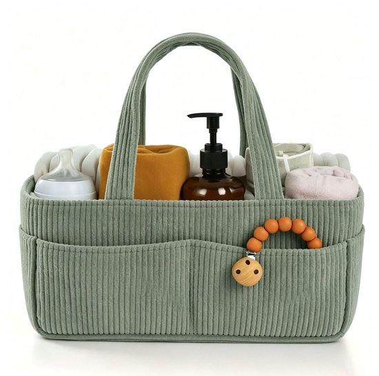 Luiertas - Luiermand - Baby opbergzak - Verzorgingsmand - Reisbaby tas - Meerdere opbergvakken voor overzichtelijke indeling - Corduroy stof - 38×23.5×18 Cm - Geschikt voor babyverzorging, luiers opbergen, babyaccessoires, thuis en onderweg - Groen