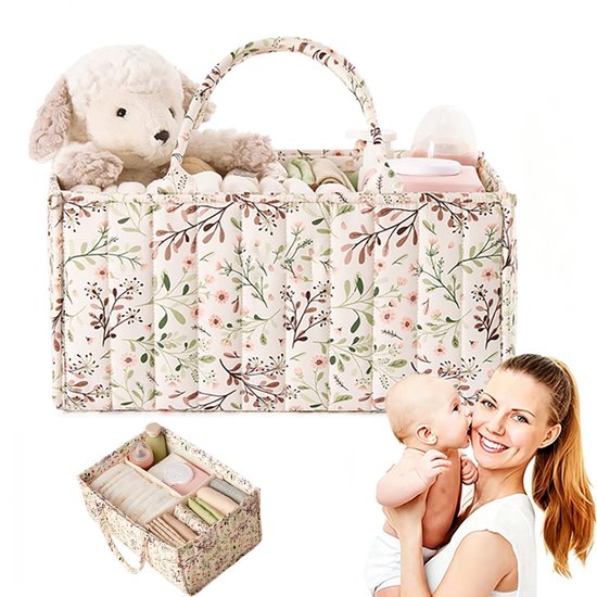 Luiertas - Met handvat - Luiermand - Opbergmand voor babybenodigdheden - Draagbare tas - Reistas - Grote speelgoedmand - Bloemenprint - 38*25*18 cm - Kraamcadeau