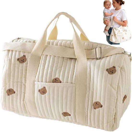 Luiertas - Mom Bag - Luiertas Schoudertas - Schoudertas - Verzorgingstas - Verzorgingstas voor Baby - Beertje Design - Kraamcadeau - Geborduurde reistas - Bagage met grote capaciteit - Groot - Unisex Baby Tas - Beige van Beertje Design