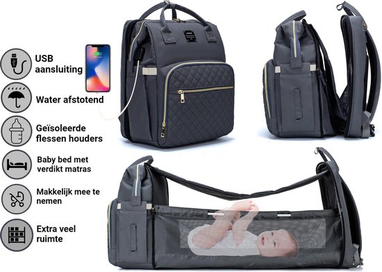 Luiertas - Multifuctioneel luiertas 3 In 1 - Met Babybedje - Met Verschoningsmatje - Grijs - Met Usb - Met Verdikt Matras van Olivia&Bruce
