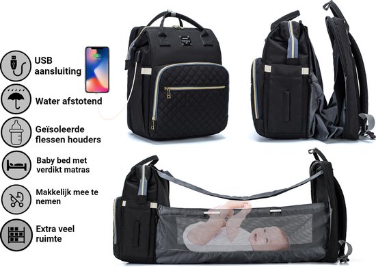 Luiertas - Multifuctioneel luiertas 3 In 1 - Met Babybedje - Met Verschoningsmatje - Zwart - Met Usb - Met Verdikt Matras van Merkloos