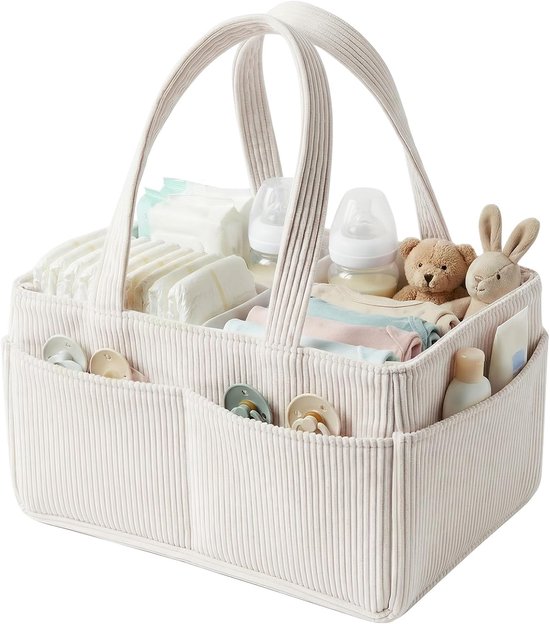 Luiertas - Opbergmand voor borstvoeding - met handvat - 36×20×18 cm - Draagbaar - Corduroy luierorganizer - Voor aankleedtafels - Praktische opbergmand voor luierspullen - Beige