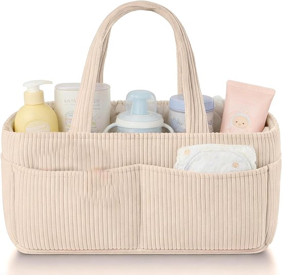 Luiertas, organizer, babyluiertafel-organizer, multifunctionele draagbare luiermand met uitneembare vakken, pluche luierorganizer met handgrepen voor vochtige doekjes en babyspullen (beige)
